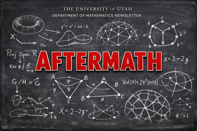 Figurative display of the word Aftermath surrounded by equations and diagrams on a blackboard